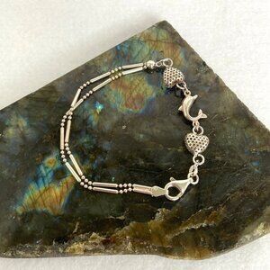 Sterling Silver 925 Dolphin Hollow Heart Long Short Chain Link Bracelet Sz 7.5"